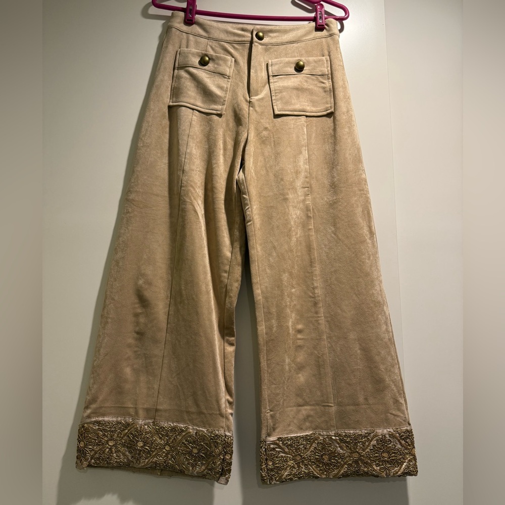 Meisie Women's Beige Wide-Leg Ultra Suede Pants with Embroidered Hem
